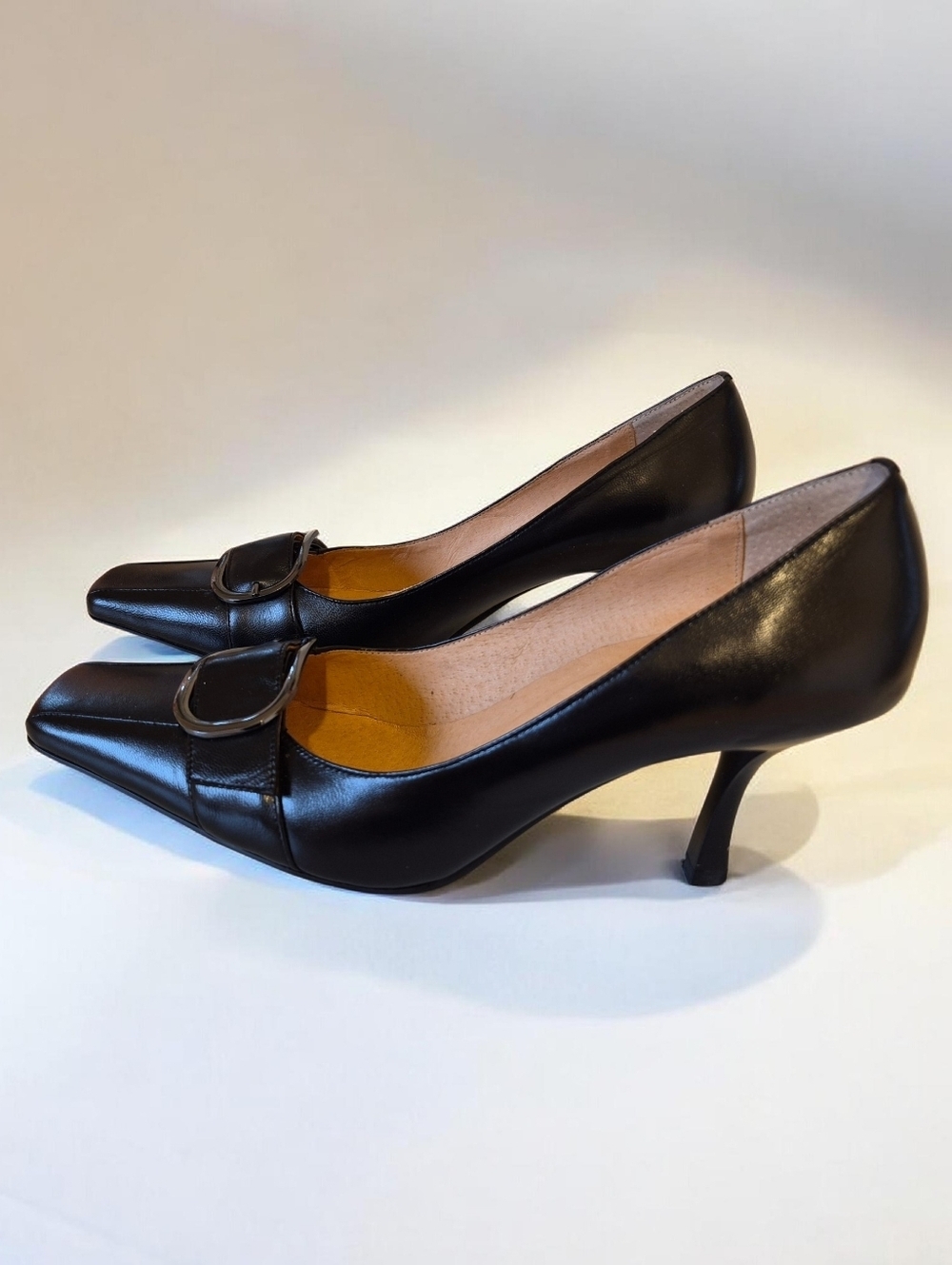 New Geronea Leather Square Toe Buckle Pump Black Minimalist Professional Chic